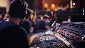Geluidsmixer met technicus tijdens de voorbereiding van een optreden