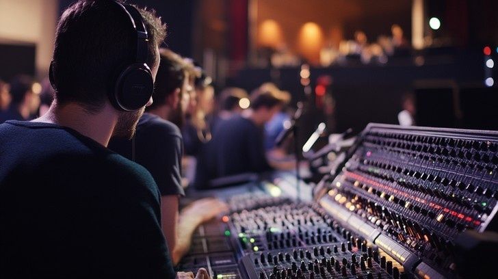 Geluidsmixer met technicus tijdens de voorbereiding van een optreden